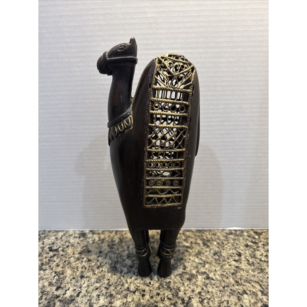 Vintage Handcrafted‎ Wood Camel With Embossed Metal Body Plate 12" Tall